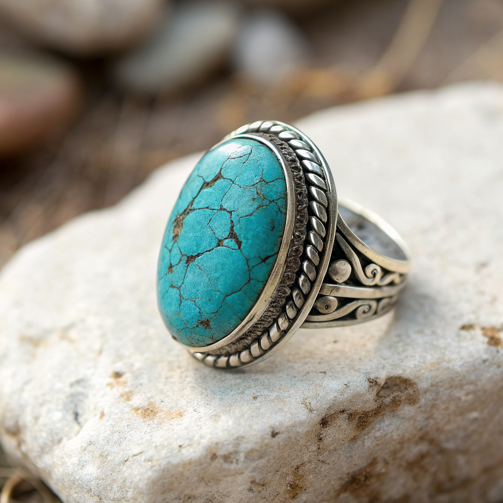 A polished turquoise stone with dark matrix veining, set in aged hand-worked silver, resting on limestone