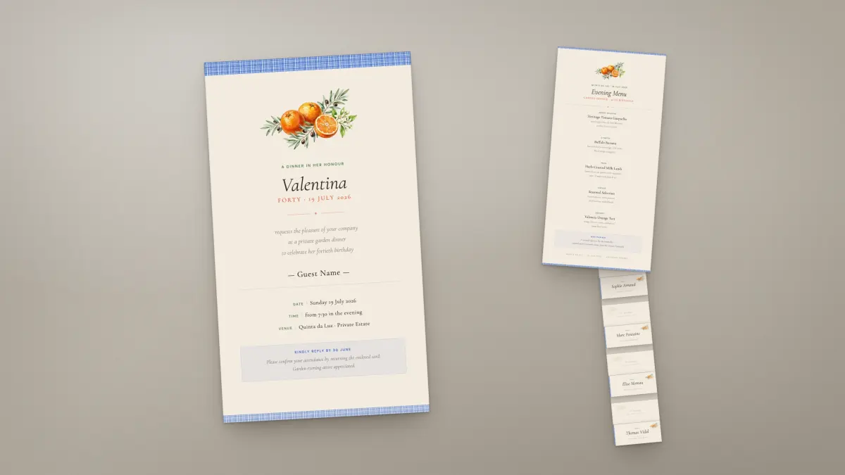 An invitation, an evening menu and a fanned stack of individually named place cards for a private garden dinner.