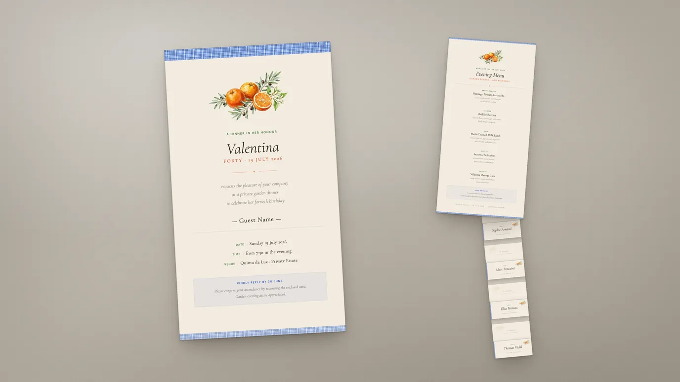 A fortieth birthday dinner suite: an invitation with a watercolour orange and olive motif under a blue gingham border, an evening menu, and a row of place cards naming individual guests.