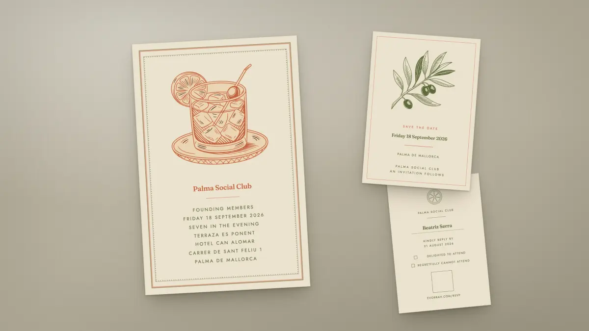 An invitation, save-the-date and reply card for the Palma Social Club founding members evening, photographed on a warm grey ground.