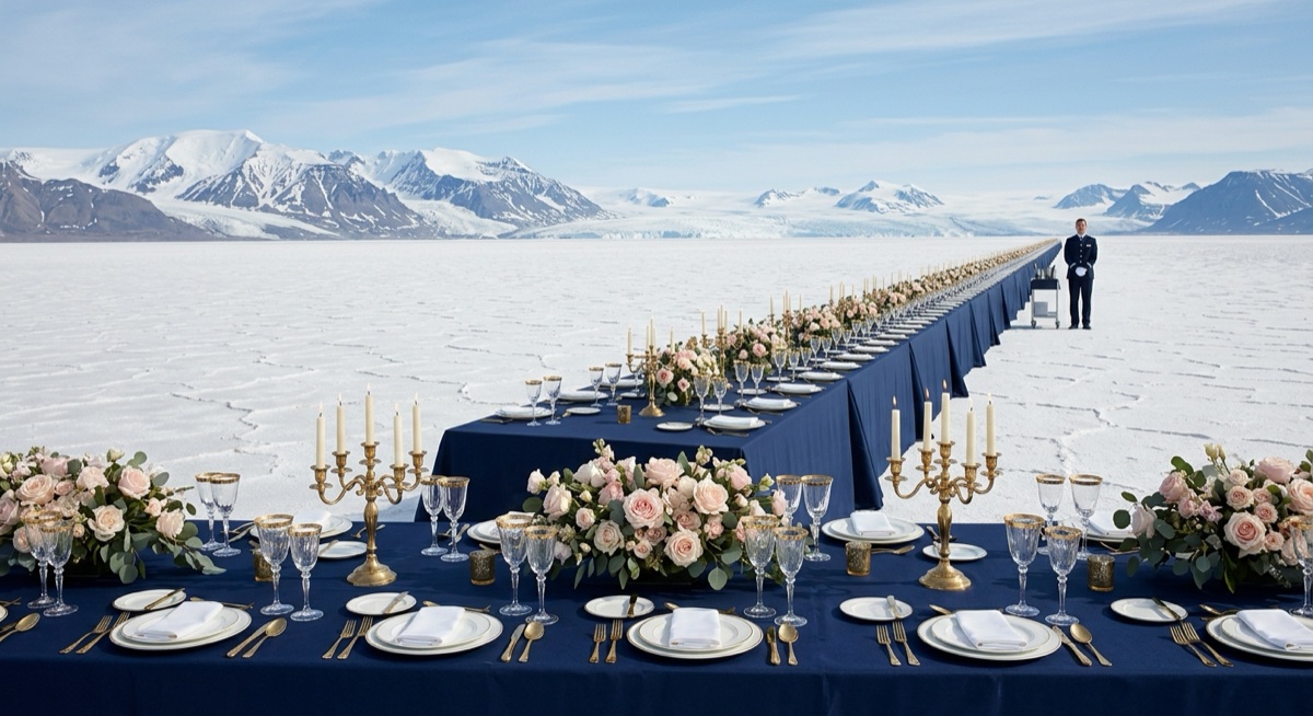 Banquet table on arctic salt flat