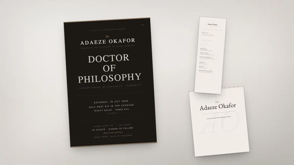 An invitation, a tall printed dinner menu and a welcome card for a PhD celebration dinner, photographed on a pale ground.