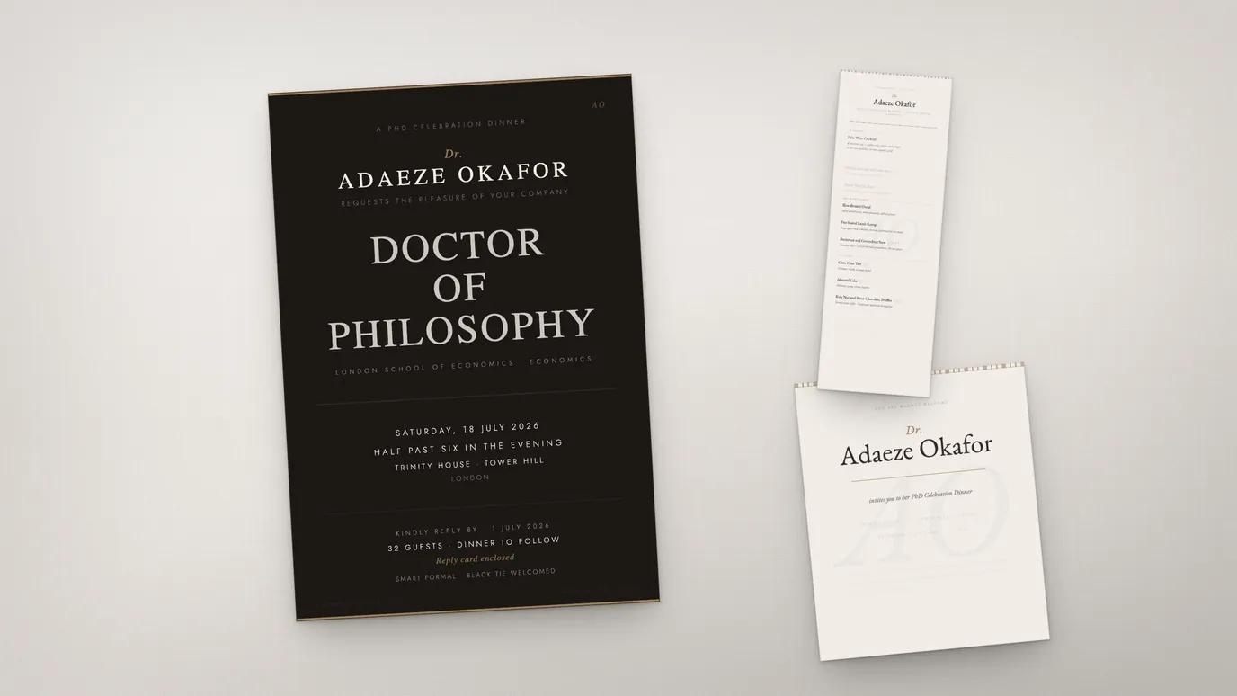 A doctoral celebration dinner suite: a black invitation card with a gold edge, a narrow evening menu, and a cream card carrying the monogram, all set in the same serif.