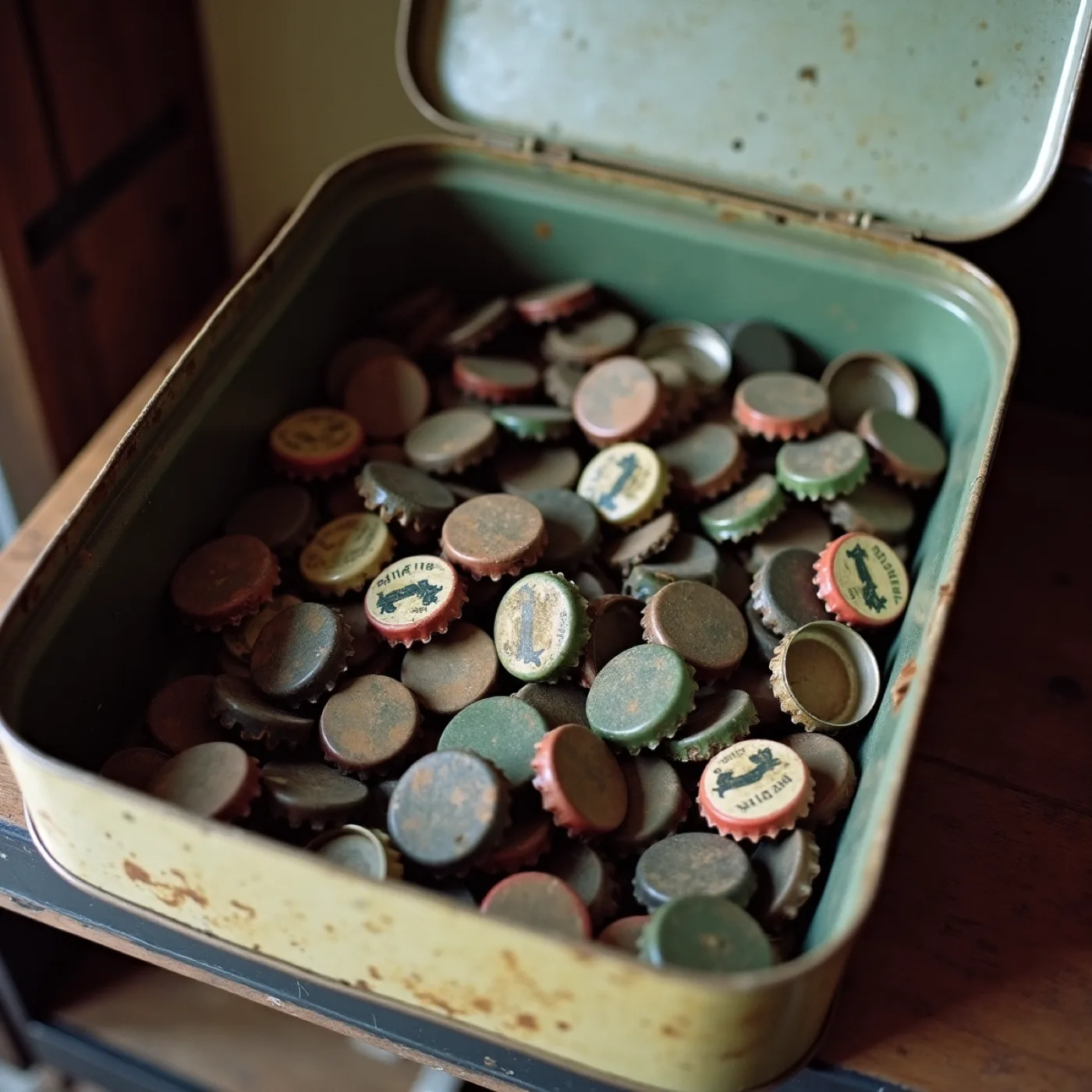 An open biscuit tin on a shelf, filled with hundreds of used bottle caps, dusty and faded.