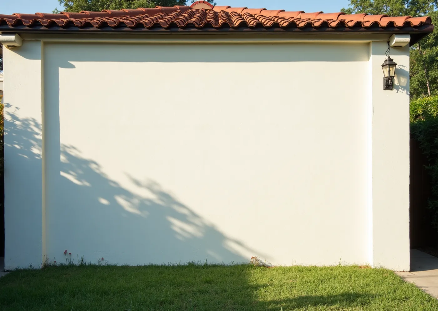 A whitewashed garage end wall in a Coral Gables garden in late-afternoon sun, blank, with the hard shadow of a barrel-tile eaves running across the top of it.