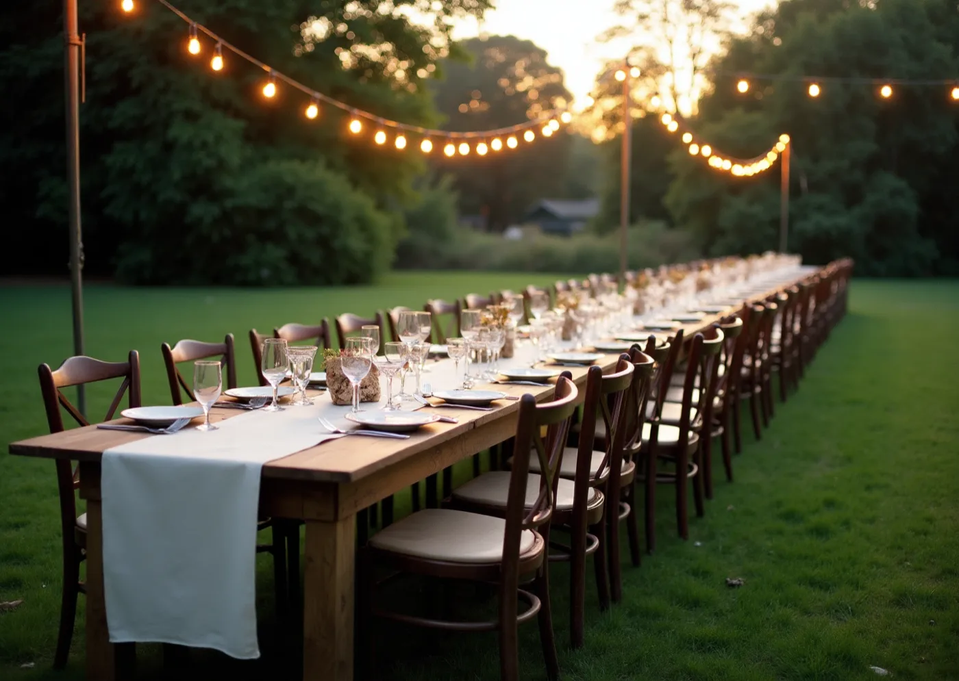 A long trestle table on a lawn under strung bulbs, seen down its length, with mismatched chairs and a paper cloth, empty of people.