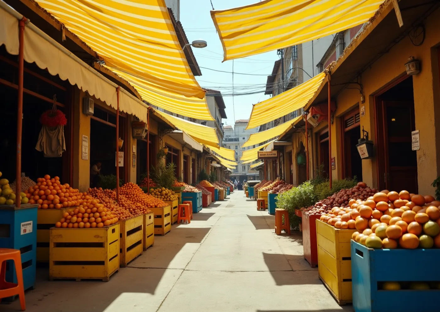 A street market under striped awnings in strong sun, seen down the aisle, with painted crates, tubs and stools in flat saturated colour filling the frame.