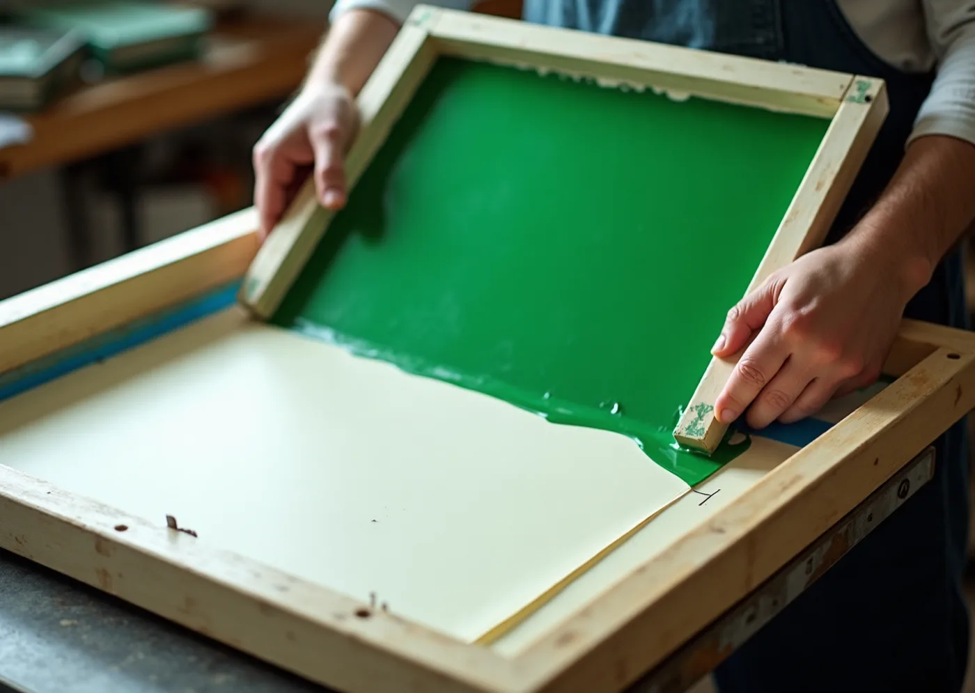 A flood coat of opaque green ink lifting from a screen over heavy uncoated board, the ink standing proud of the sheet, registration marks visible, hands cropped at the wrist.