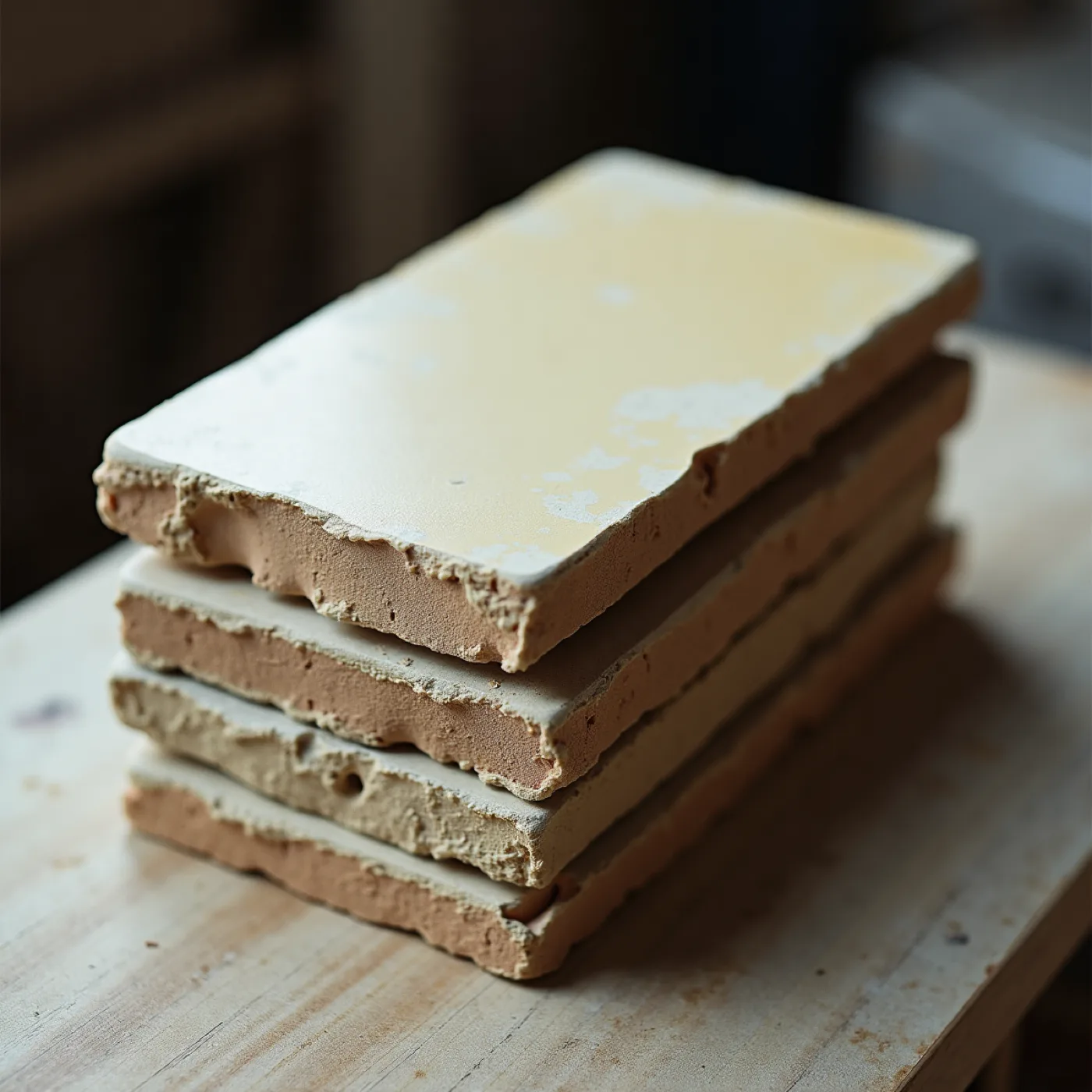 A close macro of glazed and unfired tiles on a workbench — chipped edges showing the ceramic body beneath, glaze pooling at one corner, one tile in sun and one in shade.
