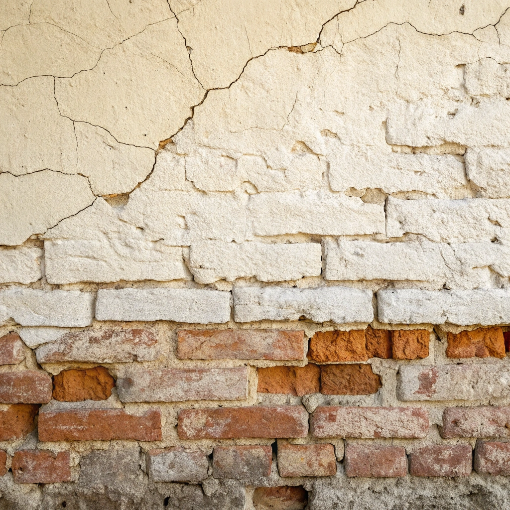 Close view of a lime-washed plaster and brick wall, chalky and worn