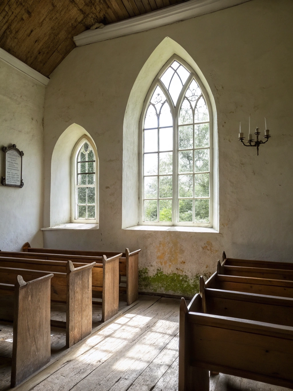 Chapel interior, clear glass window, lime-washed wall, worn wood floor