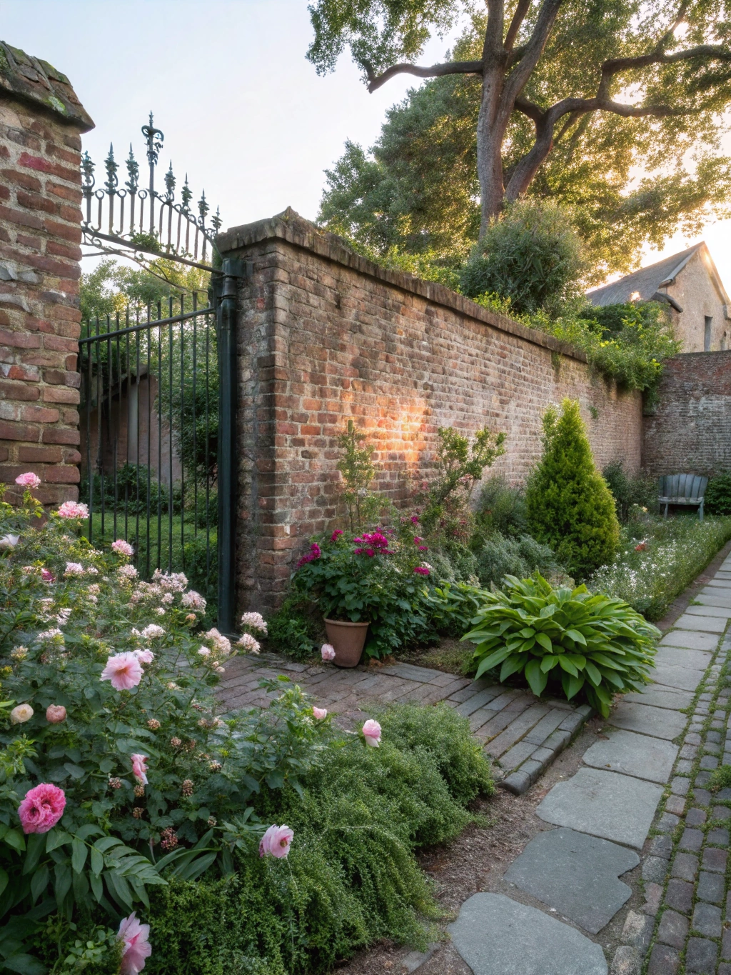 A walled Charleston garden in June: brick, dahlias, roses, ferns, an iron gate