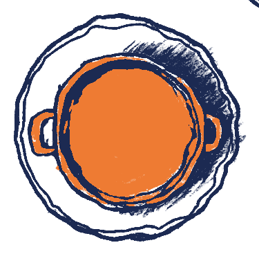 The orange enamel casserole drawn from above