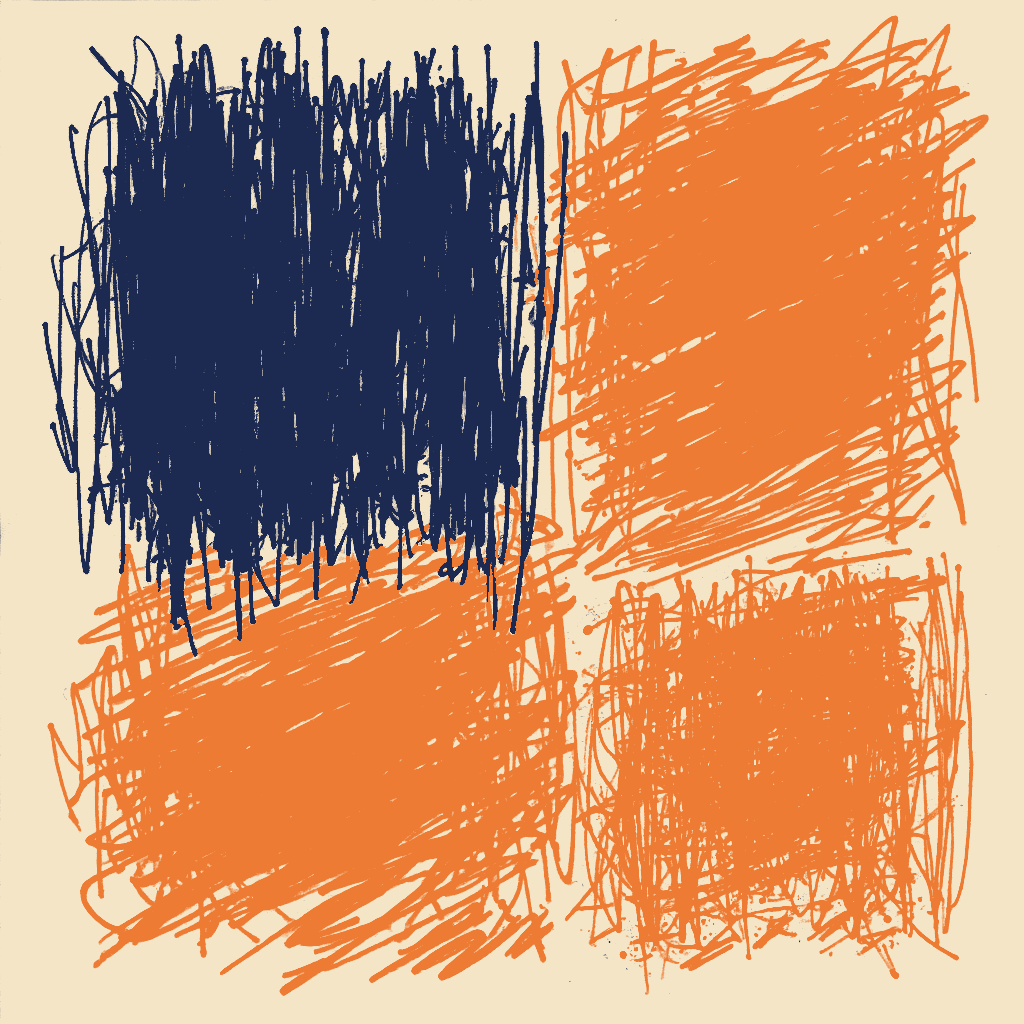 Navy pen and orange crayon scribbled over cream paper