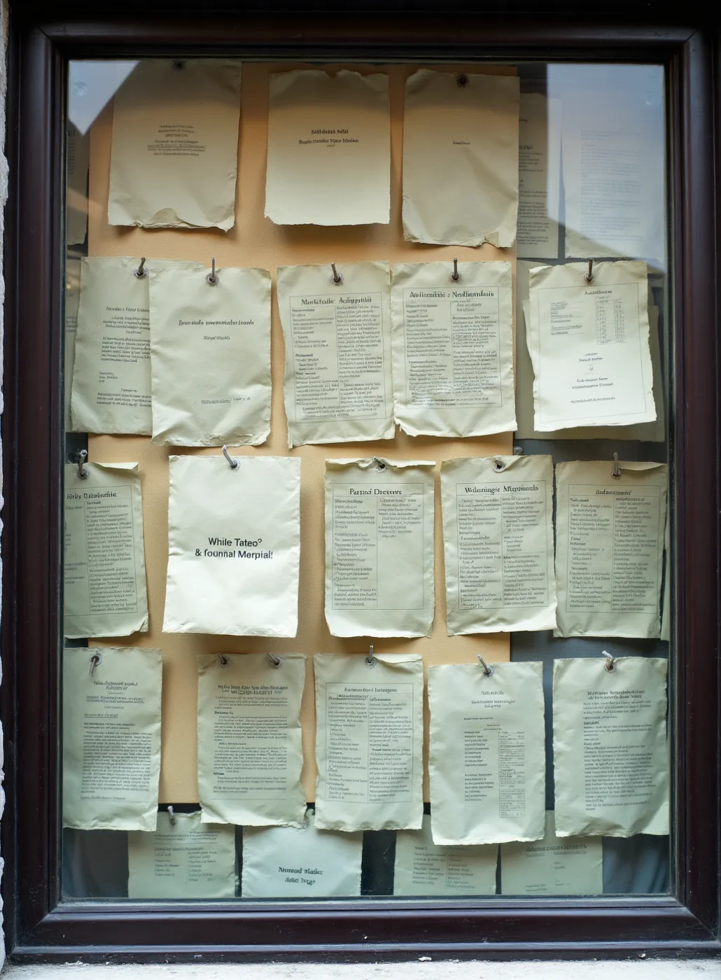 A cluttered building-entrance noticeboard behind glass, layers of overlapping sheets on cheap coloured paper, shot through the reflections.