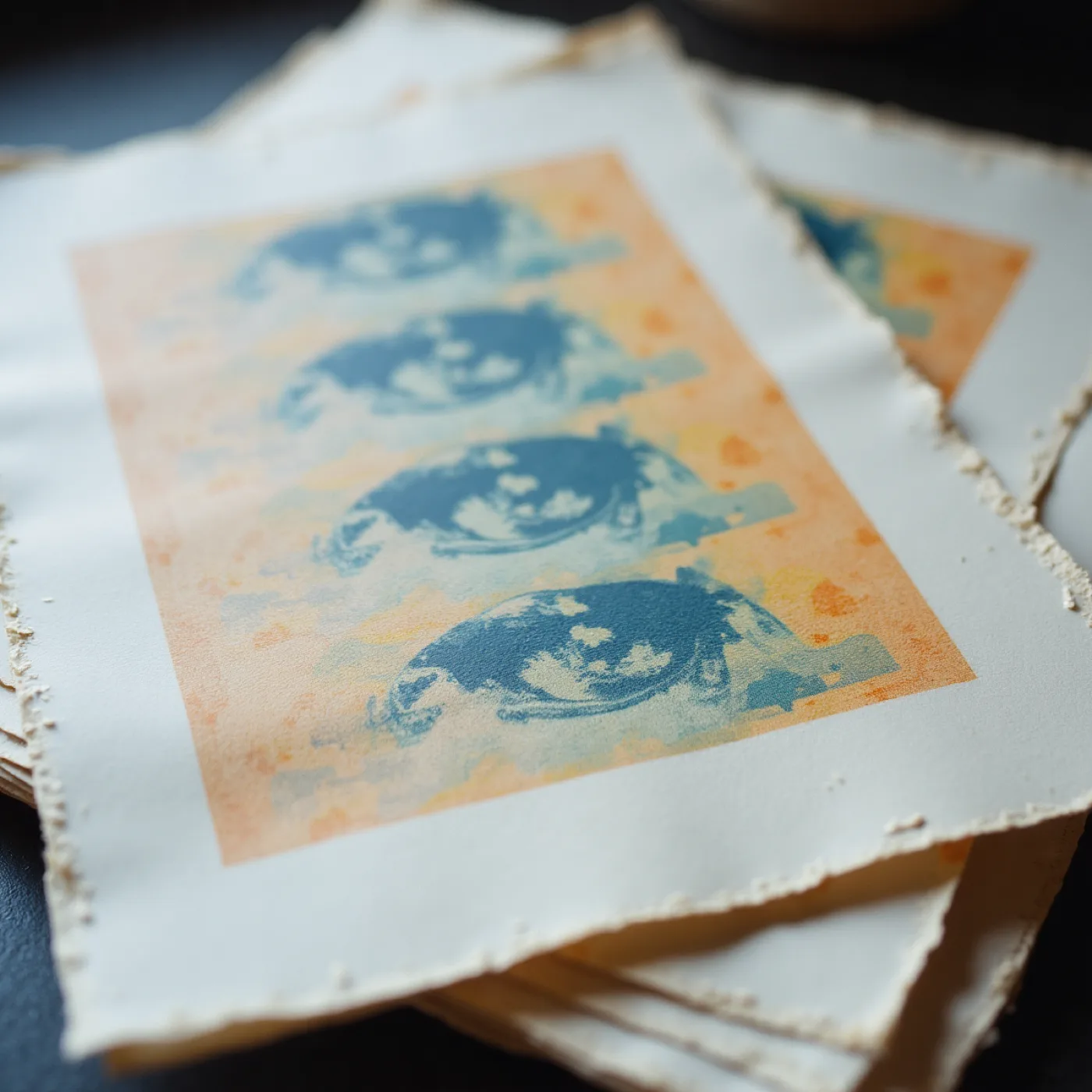 Macro of stencil-duplicated sheets on absorbent coloured paper — a single ink, badly registered, starved into speckle, with furry cut edges.