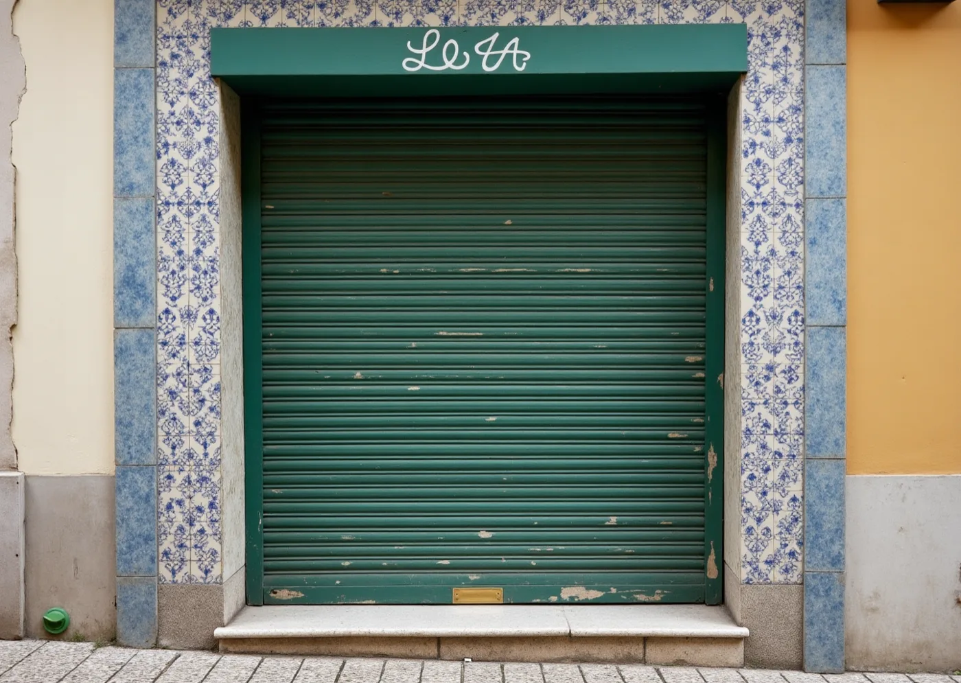 A worn Lisbon shopfront fascia in condensed hand-painted lettering, seen from below at a steep angle so the letters foreshorten.