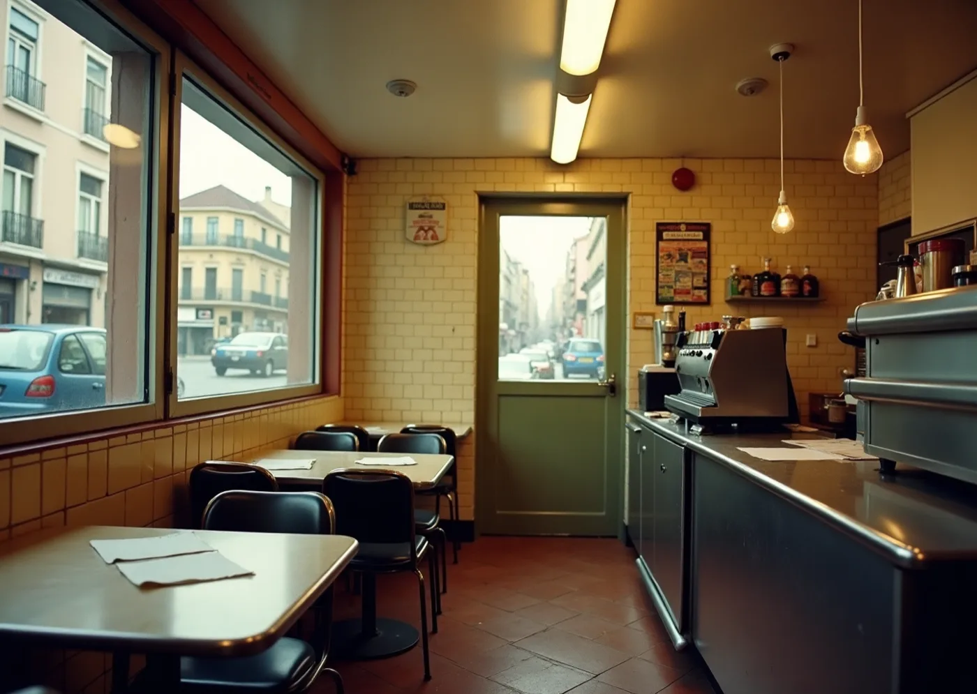 The inside of a small old Lisbon tasca in the middle of service — tiled walls, formica and steel, hard fluorescent light, sheets of paper laid over the tables.