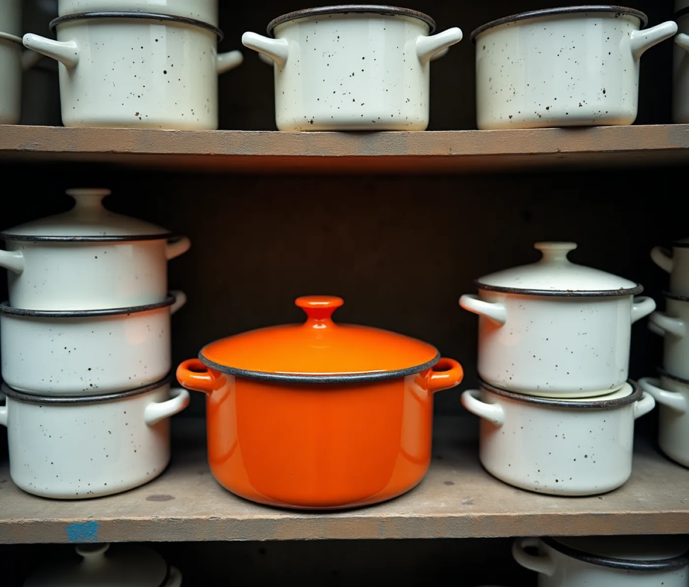 An ironmonger’s shelf. One object is louder than the rest of the room.