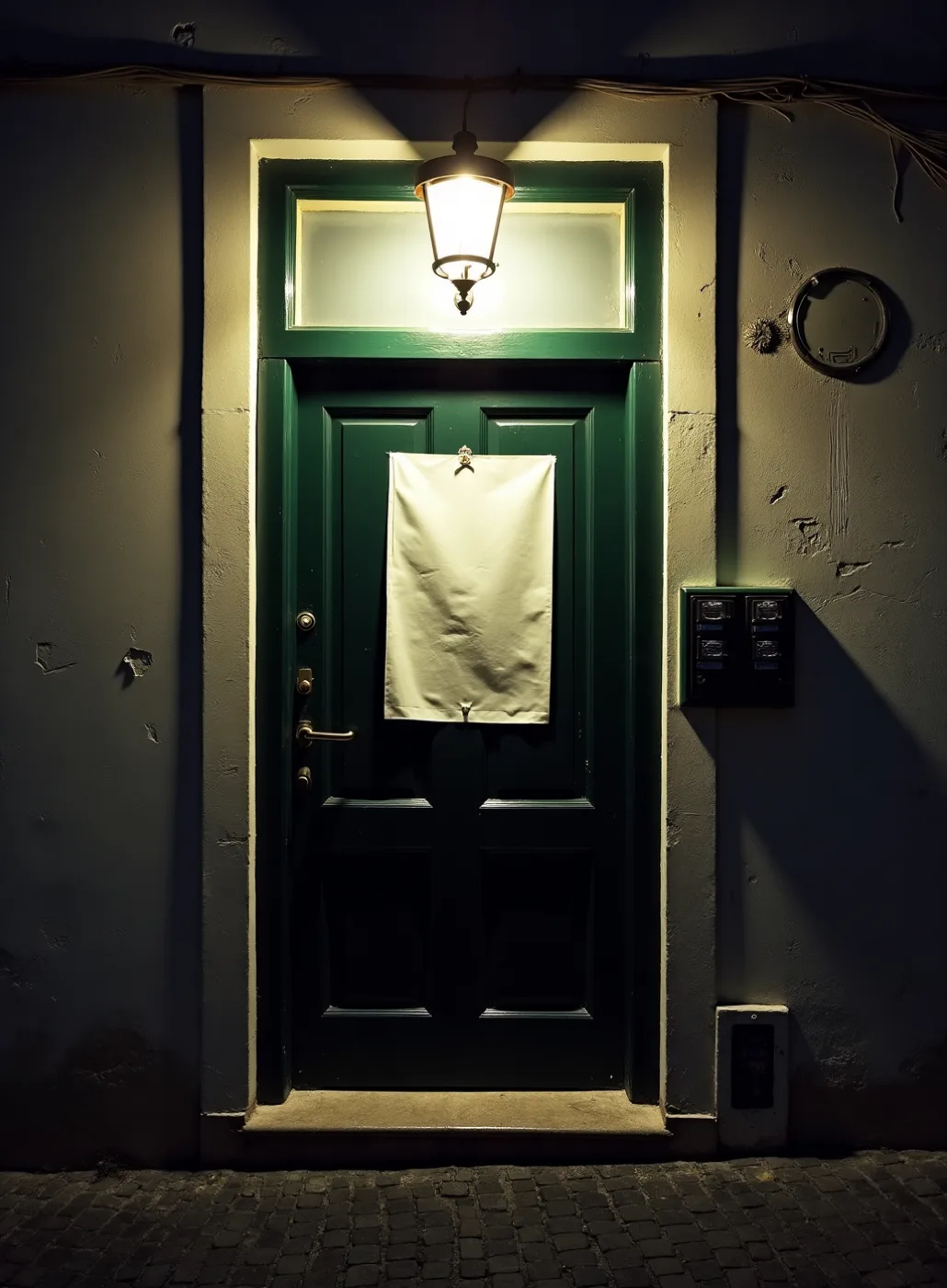 A sheet taped to a street door, in November rain.