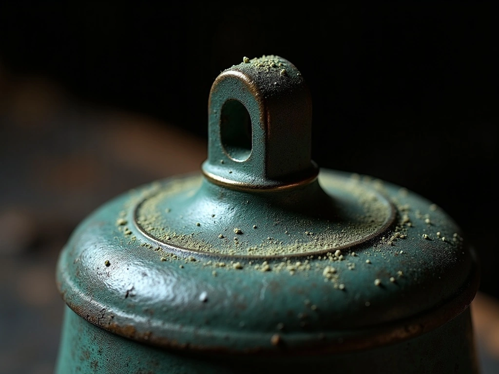 Verdigris on a bronze lid — the direction’s own material, aged.