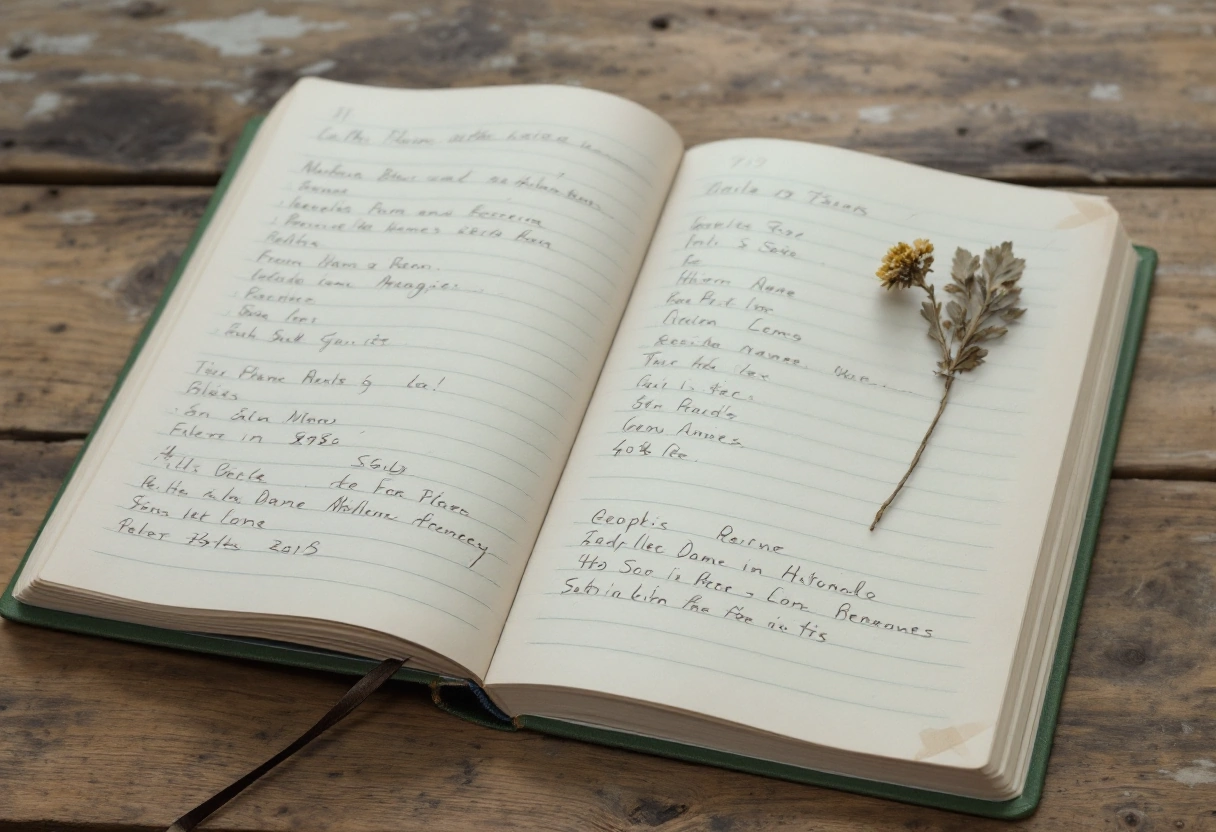 An open hardback gardening notebook on a bare table, a pressed specimen taped to the page