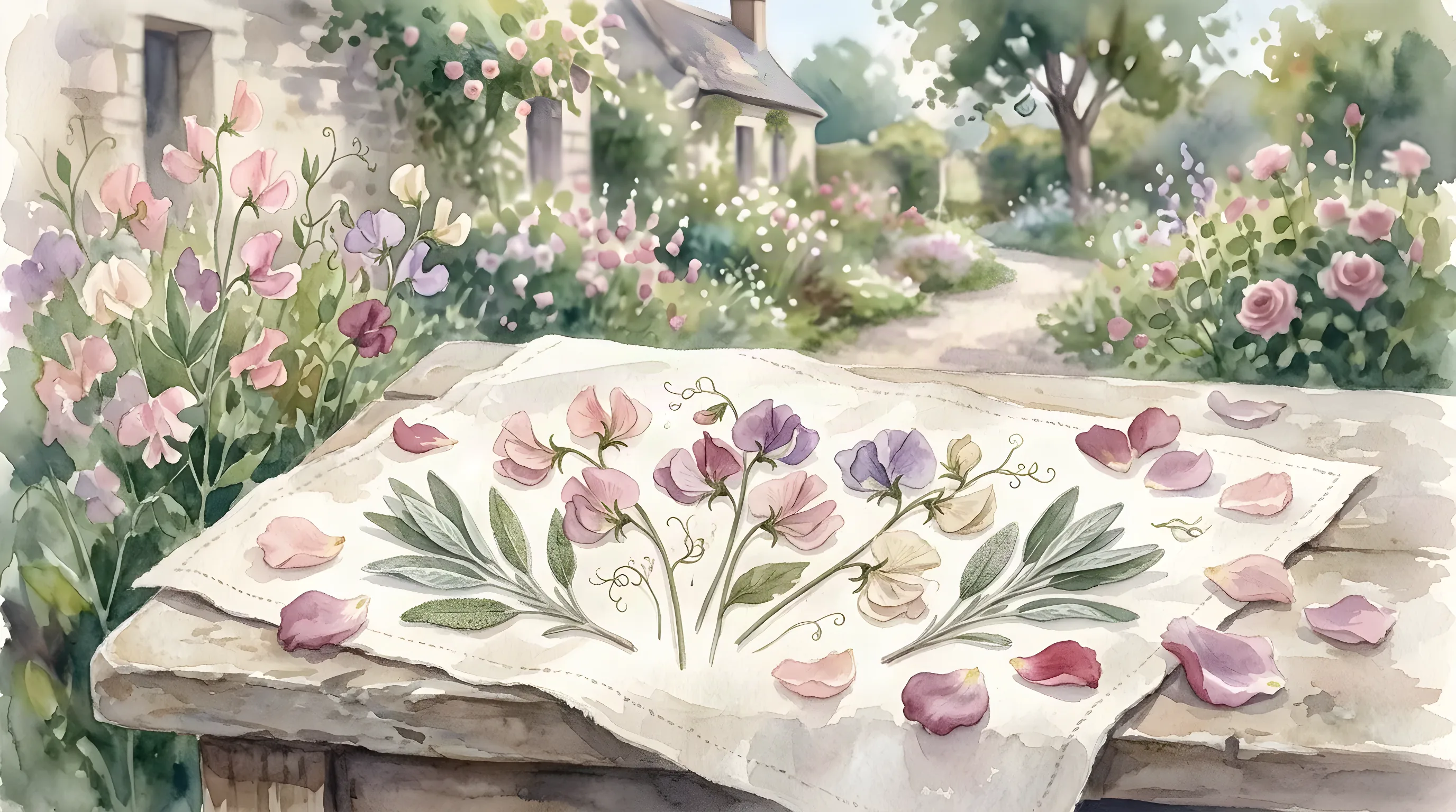 Watercolour: pressed sweet peas and sage sprigs laid on a deckle-edged cotton sheet on a stone ledge, a cottage garden behind