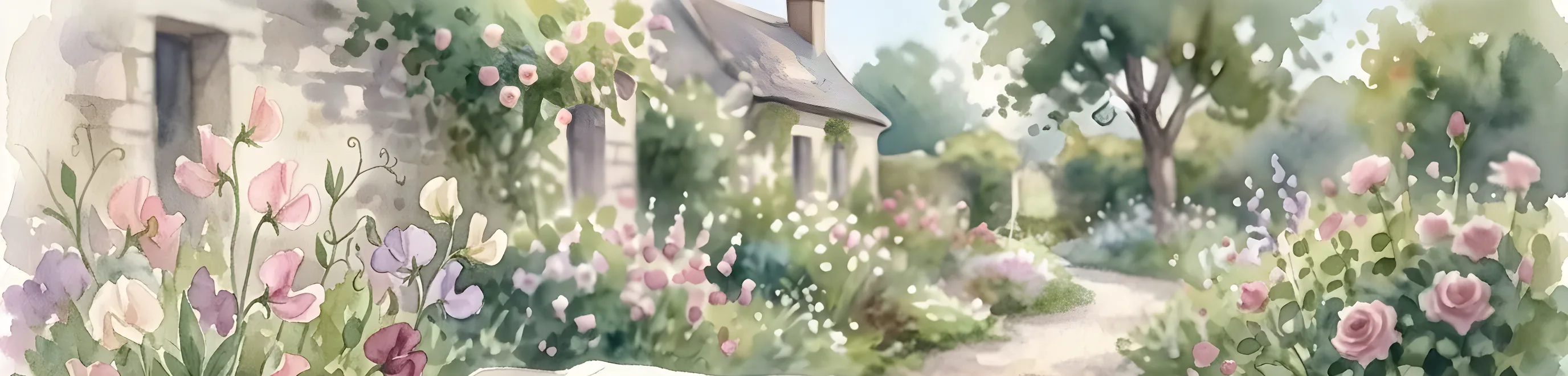 Watercolour of a cottage garden — stone farmhouse, gravel path, climbing roses, sweet peas and foxgloves