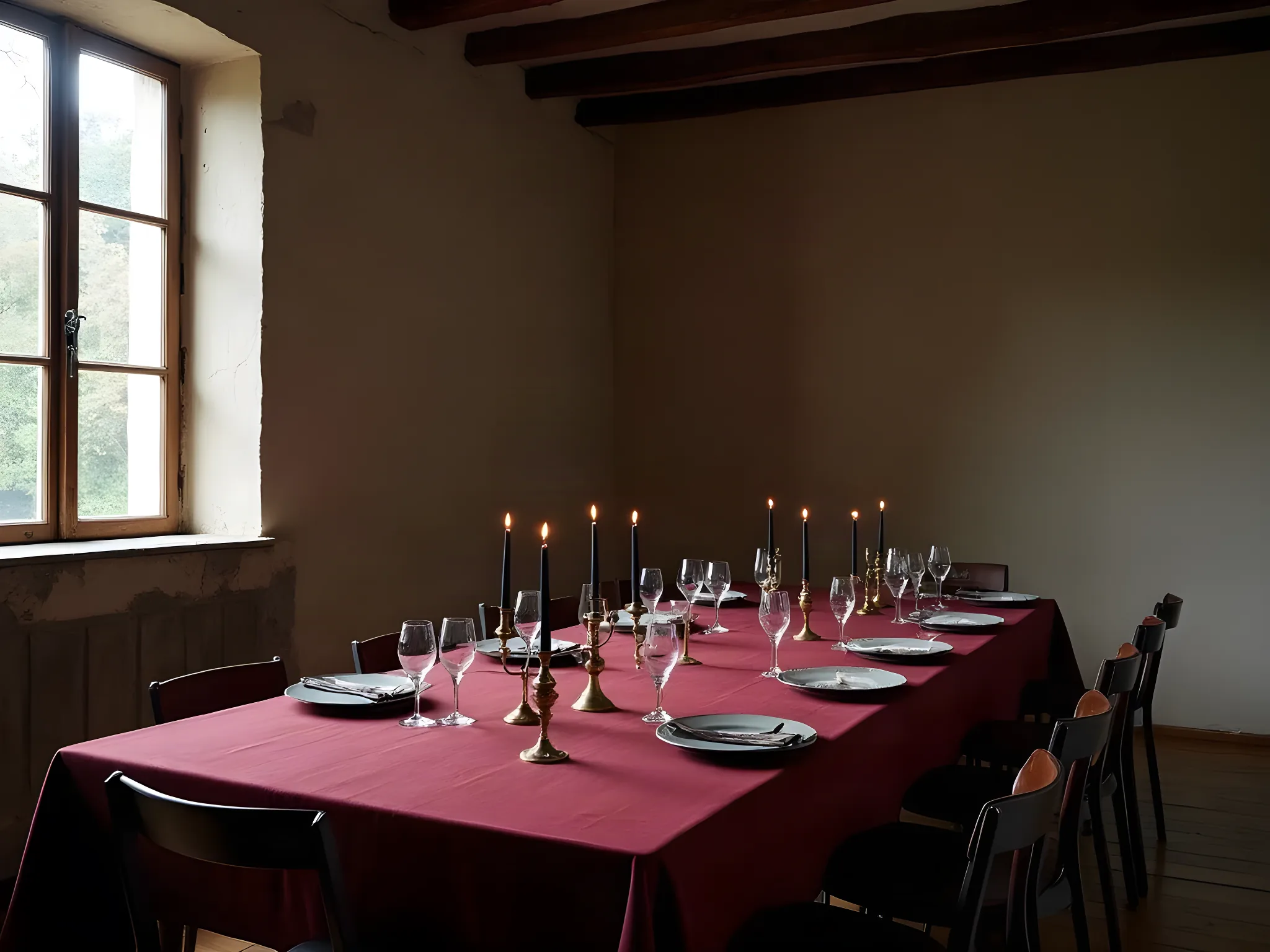 The room — a château dining room at dusk under a deep burgundy cloth