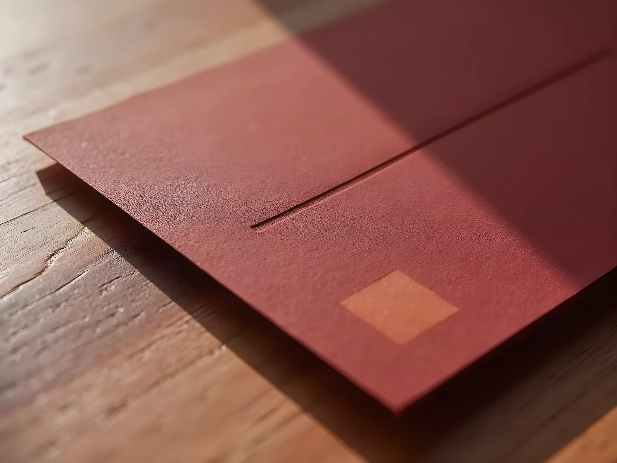 The material — deep burgundy uncoated card, deeply debossed, in raking light