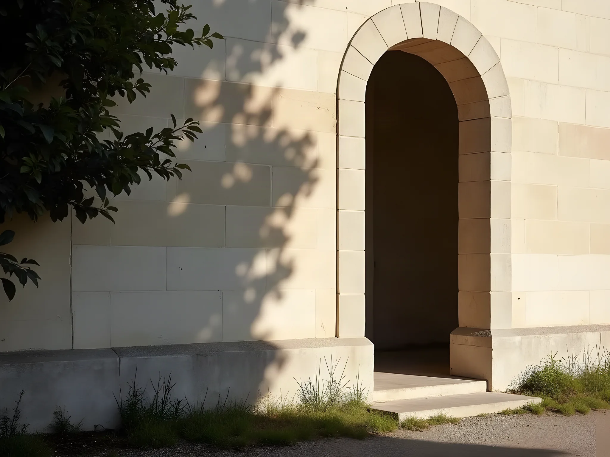 Architectural photograph of a pale limestone château wall in hard low sunlight — leaf shadow at the left, a black doorway opening at the centre, lit stone courses at the right