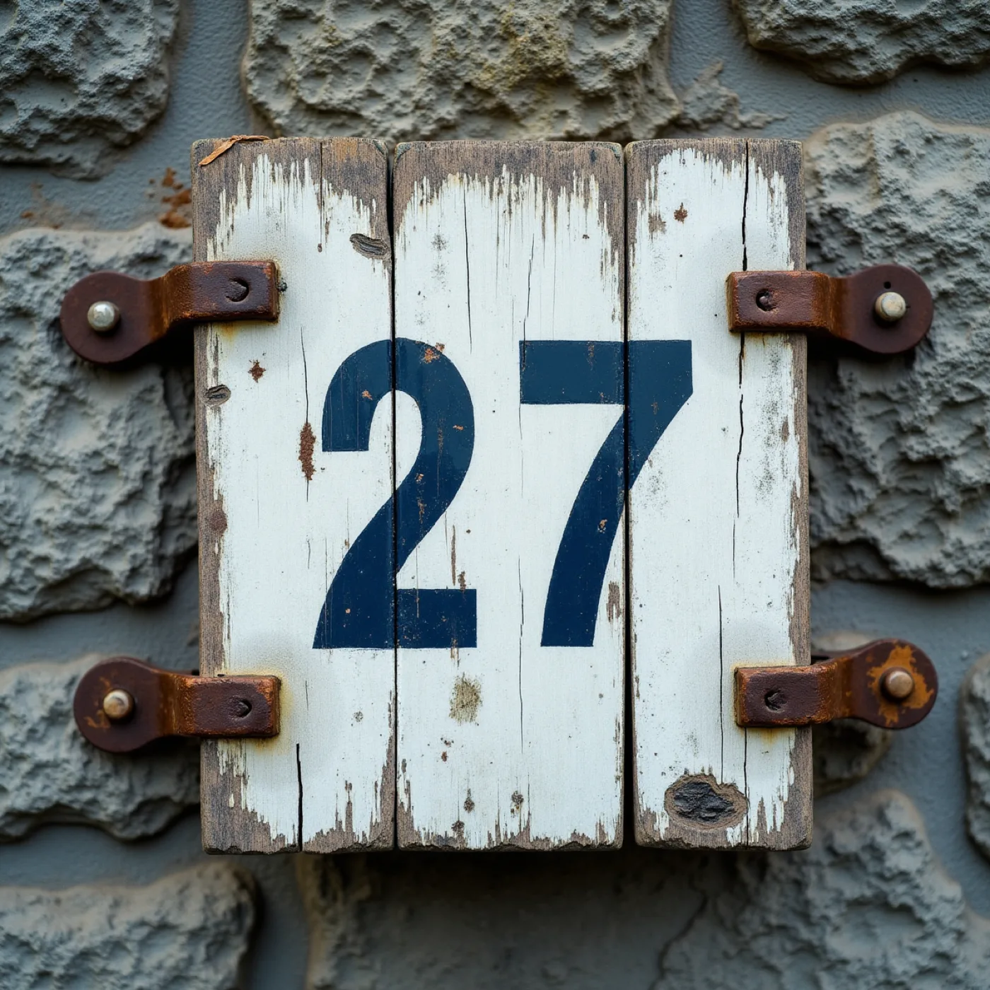 A painted timber board bolted to a rough stone wall with rusted iron straps, its white ground worn back to bare wood, two large painted numerals still legible