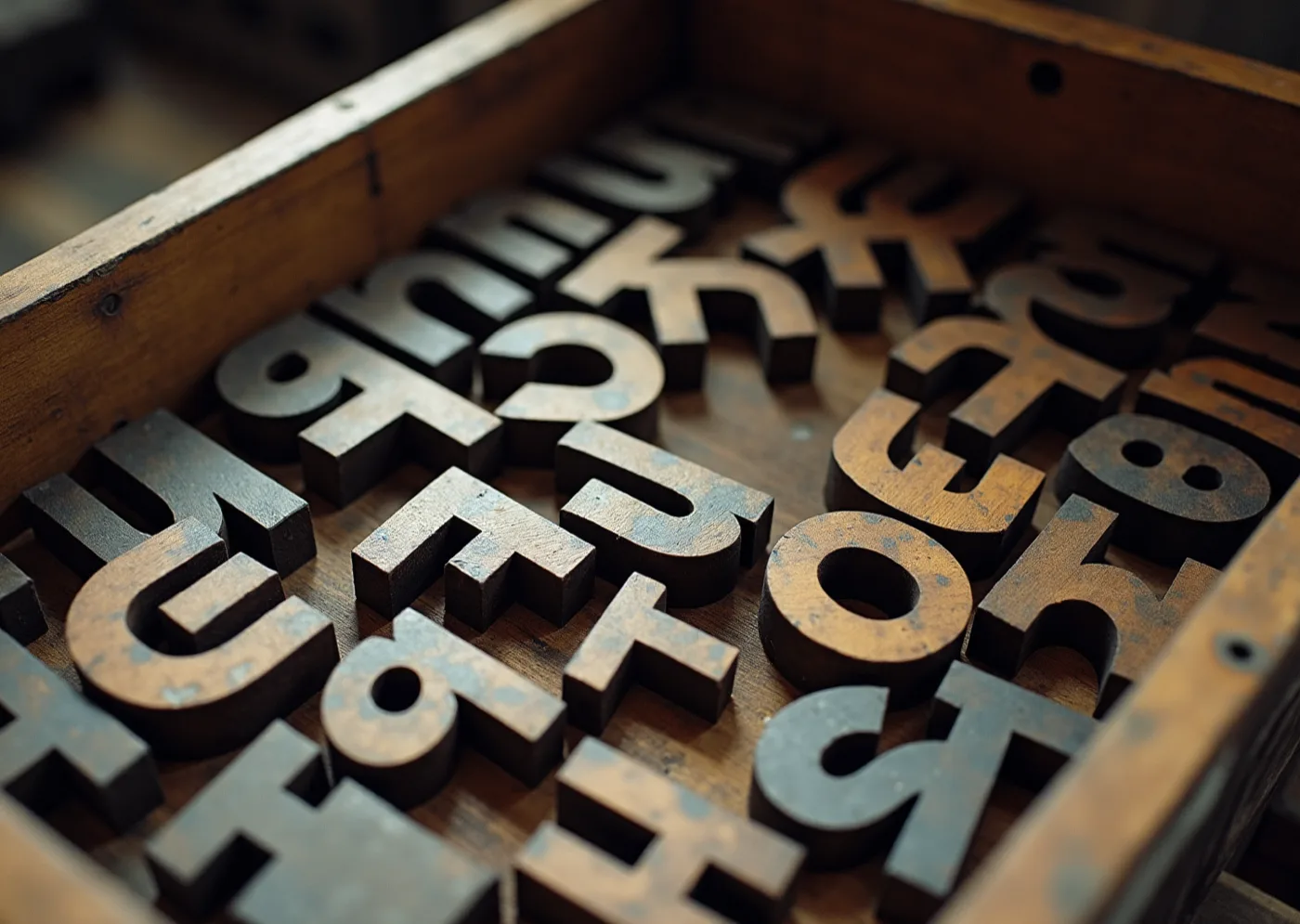 Loose wooden printing letters lying in an open wooden tray, face up and at angles, spelling nothing