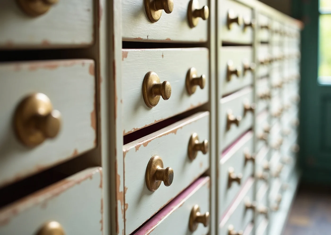 A wall of shallow drawers painted bone white, most of them pulled open a finger's width, the brass pulls worn to a warm colour rather than a shine.