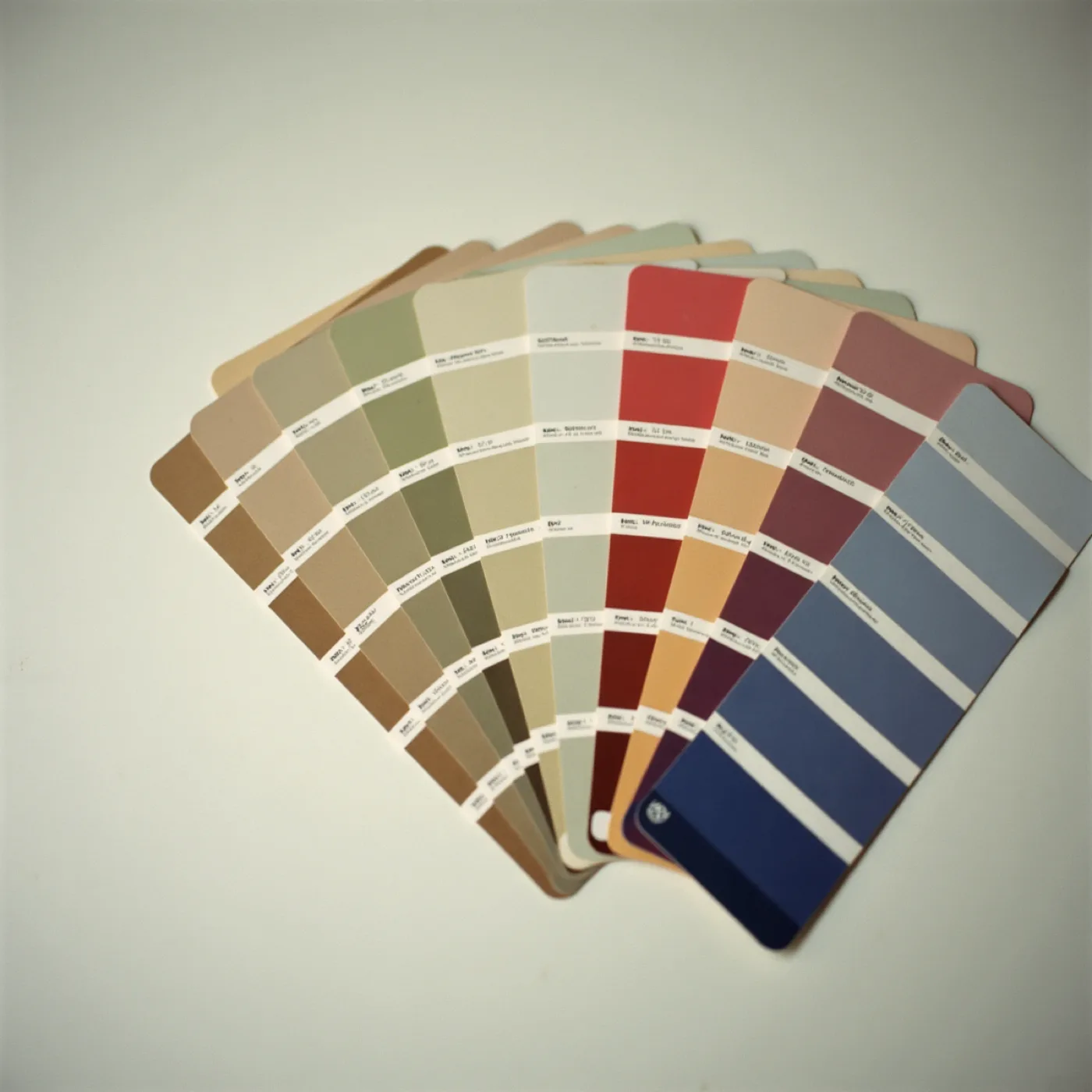 A fan of paper colour swatches, mostly muted neutrals, with two or three saturated chips standing out among them.
