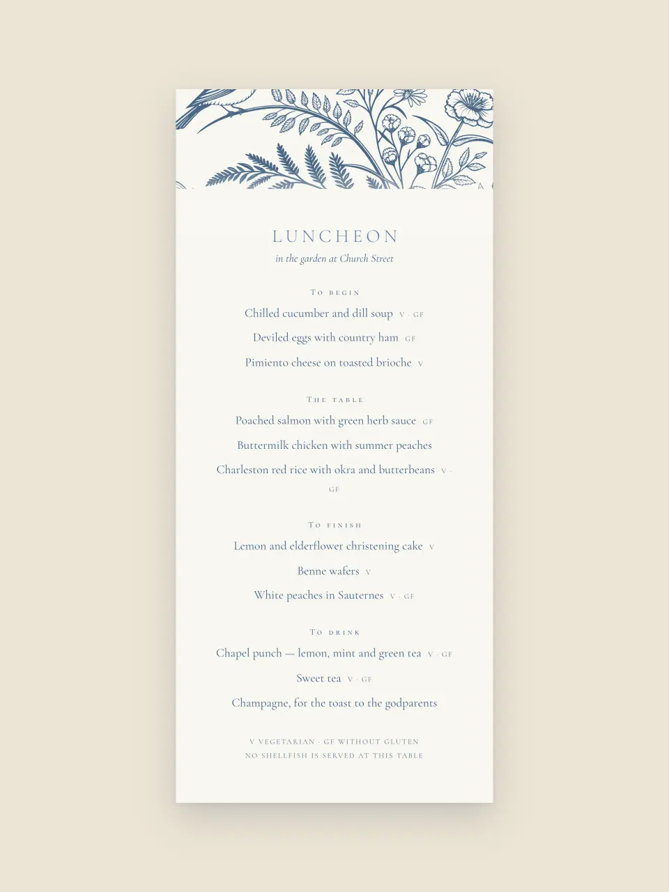 The luncheon menu that follows the ceremony