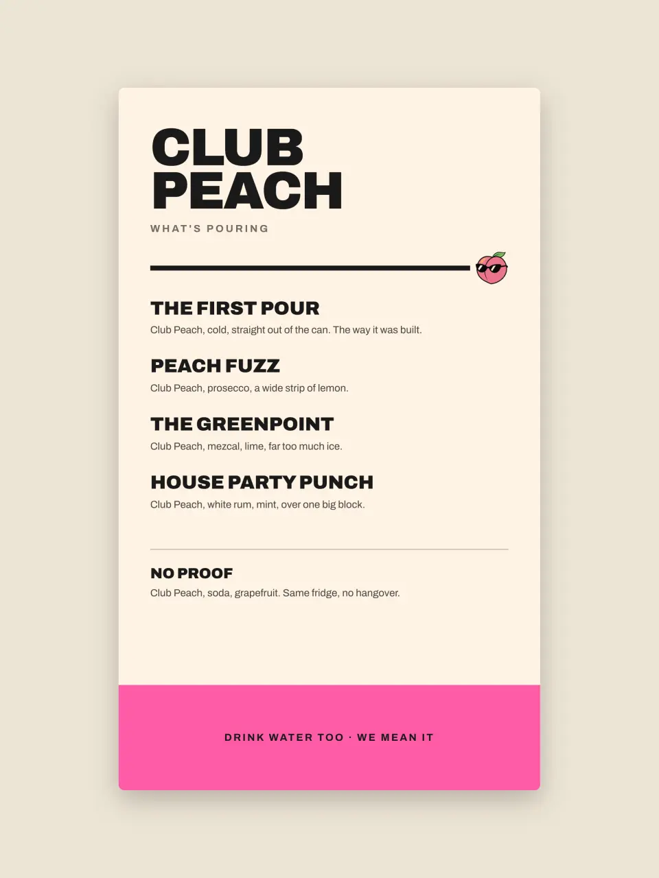 The menu card from Club Peach · Launch Party
