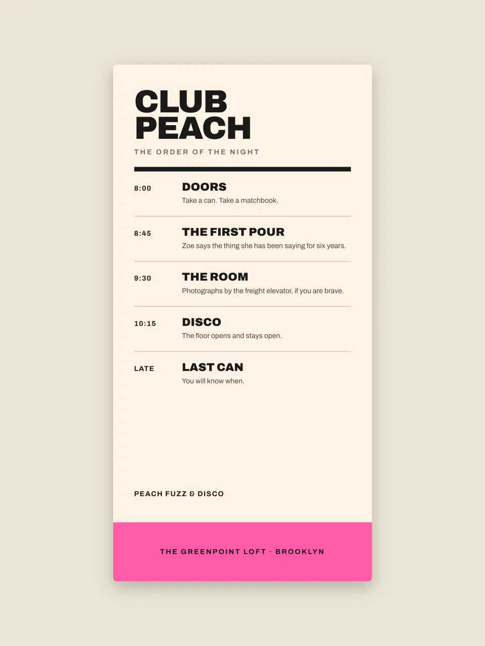 The event programme from Club Peach · Launch Party