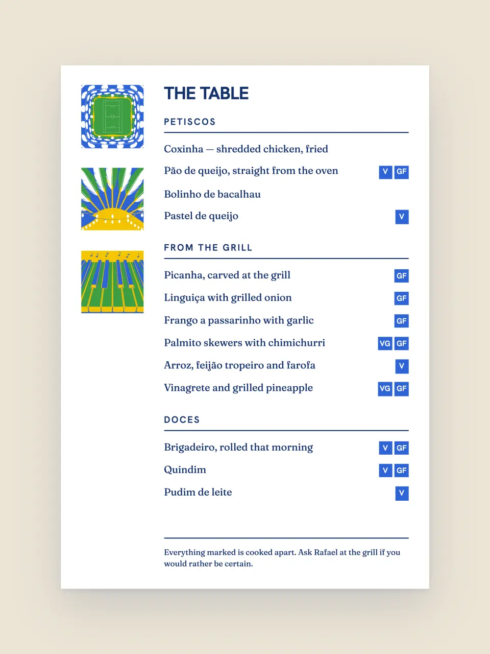 O cartão de menu da noite