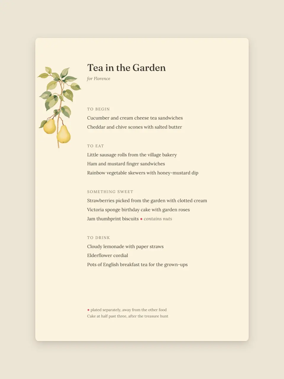The menu card for the party tea
