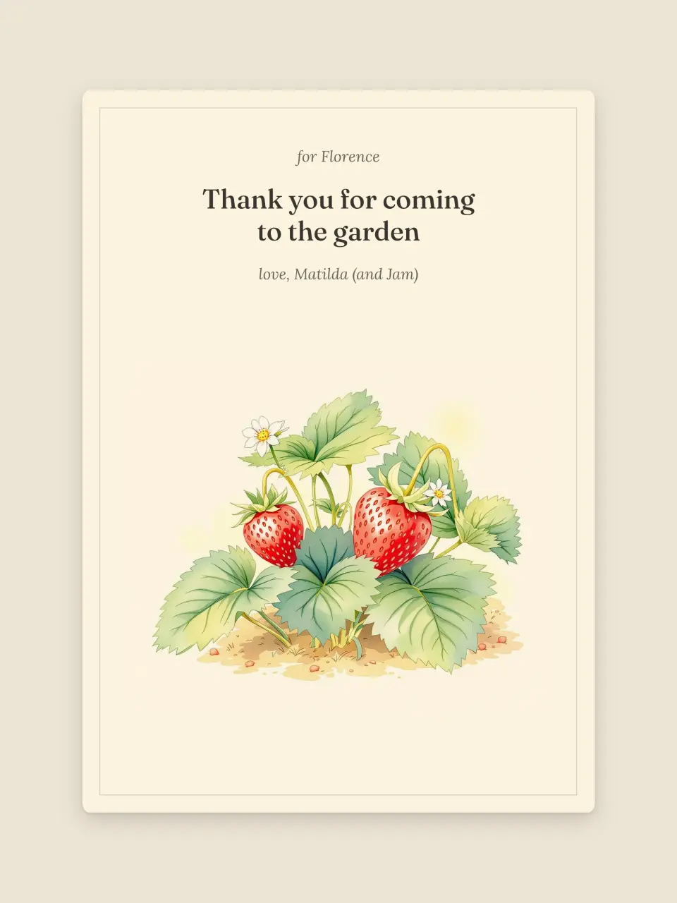 The thank you card sent after the party