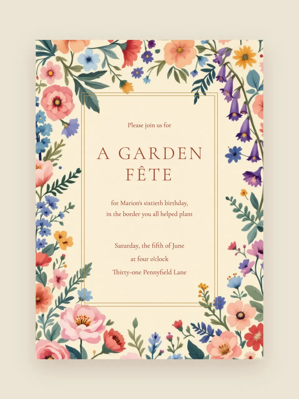 The invitation from A Garden Fête · For Marion’s Sixtieth