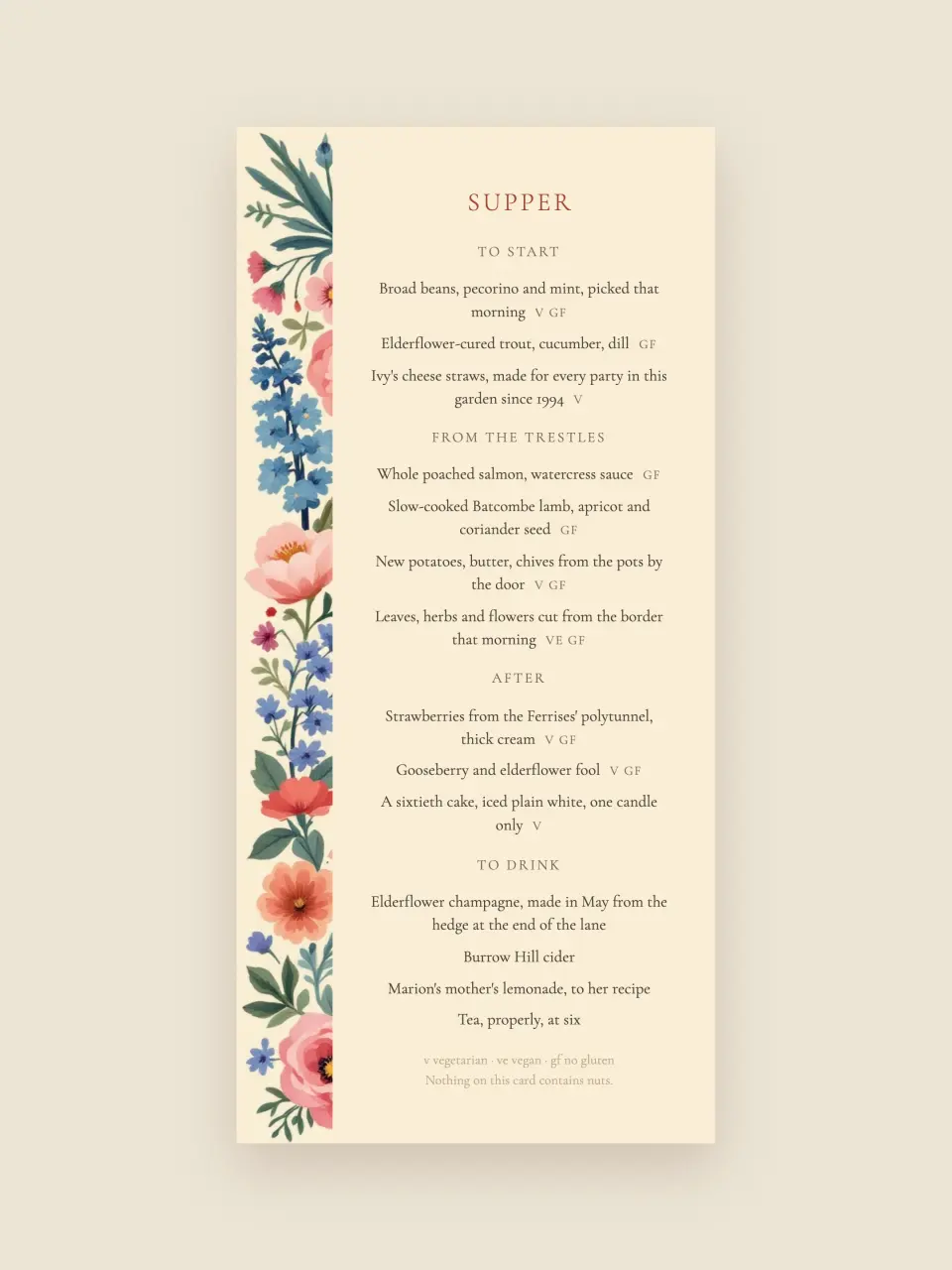The menu card from A Garden Fête · For Marion’s Sixtieth