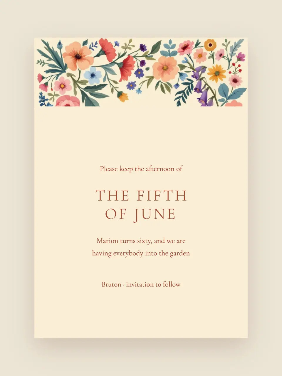 The save the date from A Garden Fête · For Marion’s Sixtieth