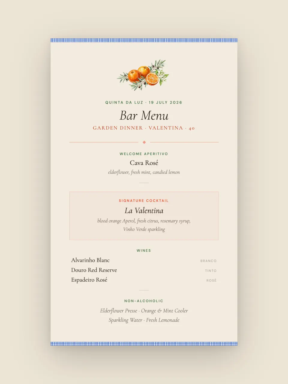 The bar menu, drawn from the same design
