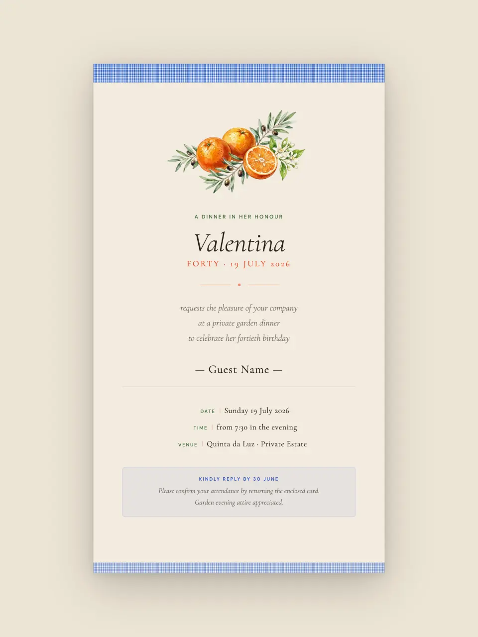 The birthday invitation — a gingham ribbon over a botanical card