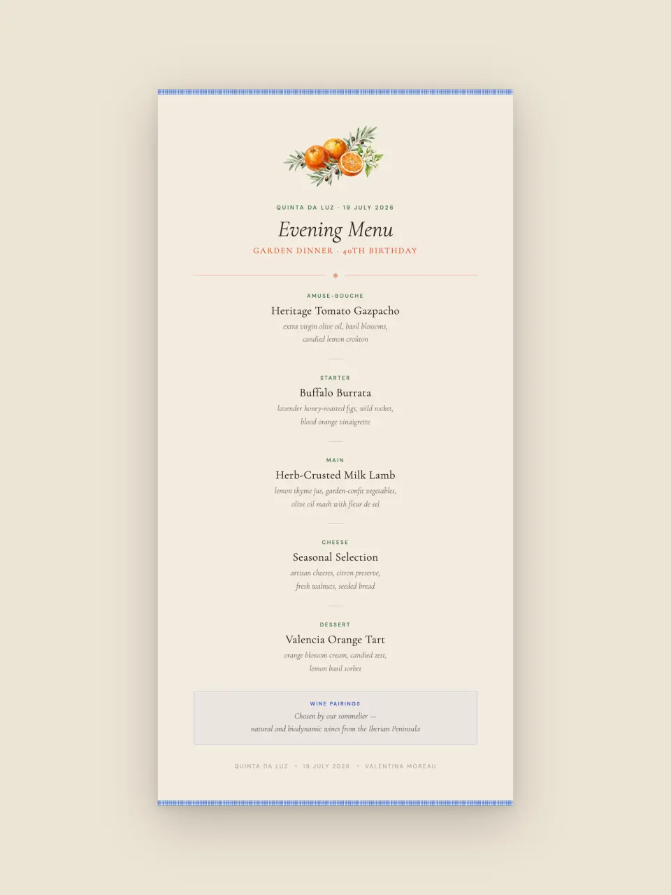 The party menu, set in the same hand as the invitation