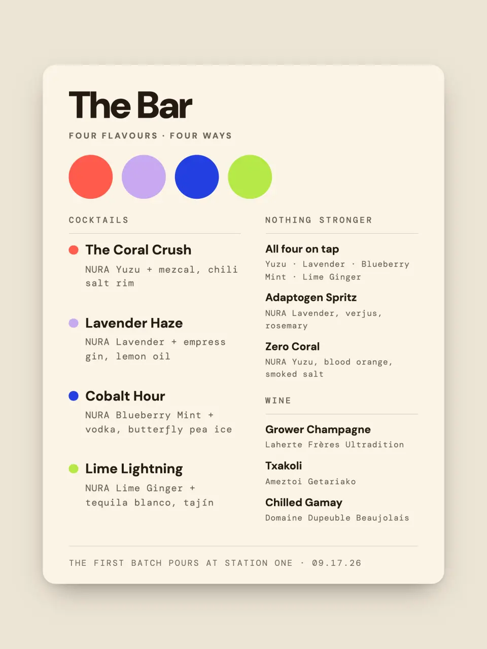 The menu card from NURA · The Roundel