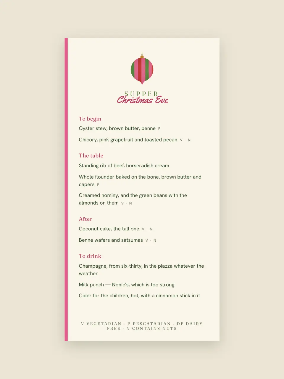 The menu card from Marguerite and Everett Pomeroy · The Painted Box