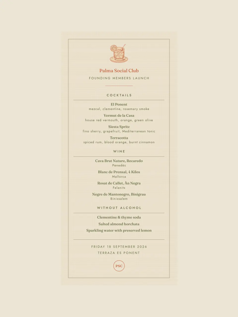 The bar & drink menu from Palma Social Club · Founding Members